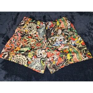 Ed Hardy Tattoo Collage Mesh Shorts featuring a vibrant